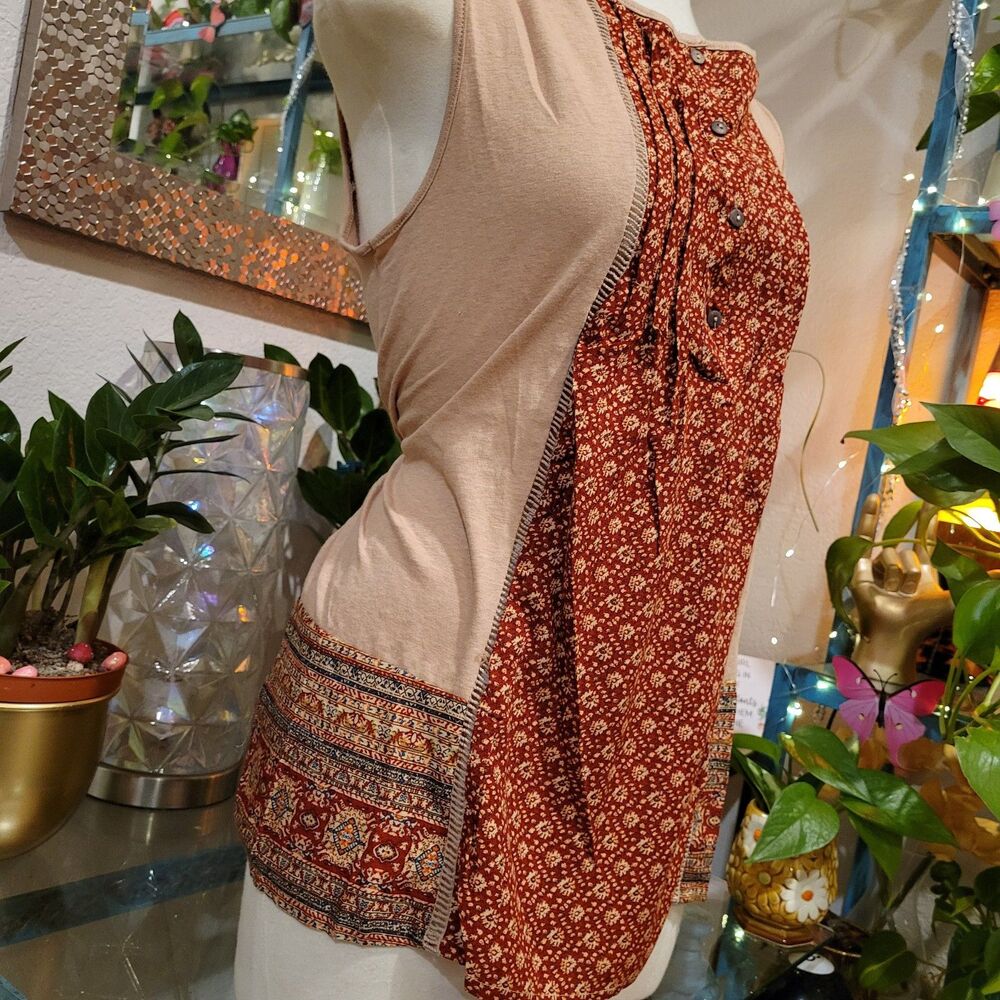 Anthropologie Vintatag y2k Peasant Boho Henley Patchwork 70's Tunic Tank Top S 2